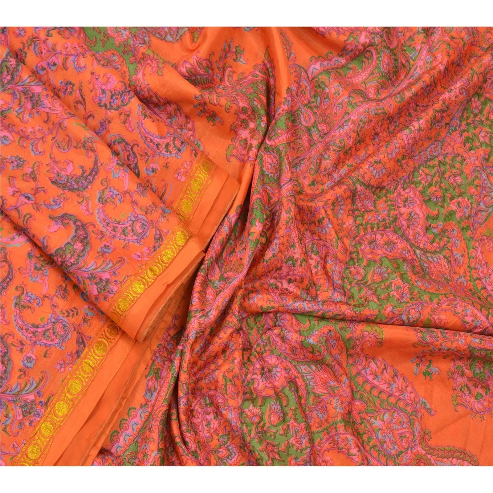 Sanskriti Vintage Indian Sarees Art Silk Floral Printed Sari 5Yd Craft Fabric, PR-55377-Orange-Printed Floral Design-Art Silk-1