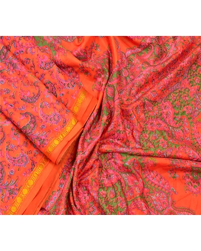 Sanskriti Vintage Indian Sarees Art Silk Floral Printed Sari 5Yd Craft Fabric, PR-55377-Orange-Printed Floral Design-Art Silk-1