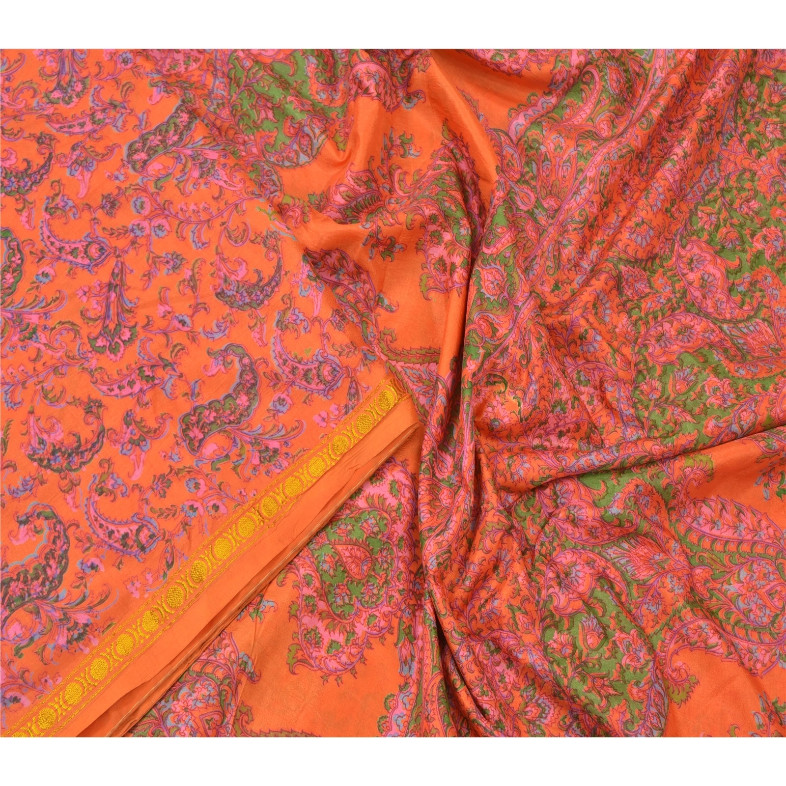 Sanskriti Vintage Indian Sarees Art Silk Floral Printed Sari 5Yd Craft Fabric, PR-55377-Orange-Printed Floral Design-Art Silk-2