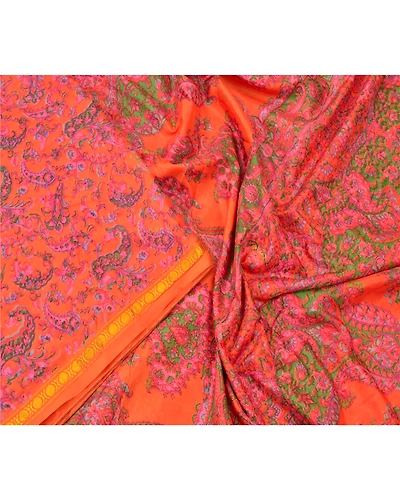 Sanskriti Vintage Indian Sarees Art Silk Floral Printed Sari 5Yd Craft Fabric, PR-55377-Orange-Printed Floral Design-Art Silk-2