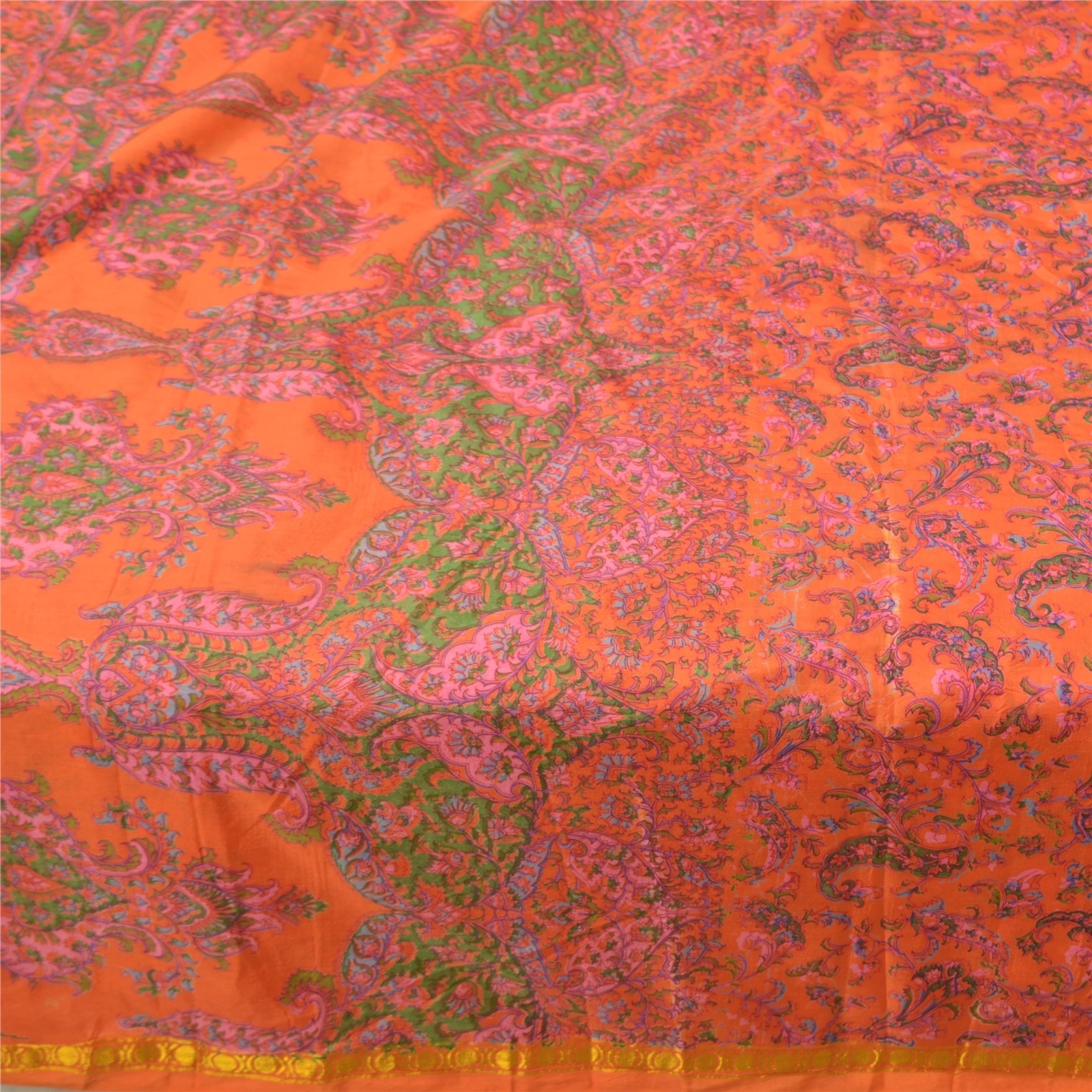 Sanskriti Vintage Indian Sarees Art Silk Floral Printed Sari 5Yd Craft Fabric, PR-55377-Orange-Printed Floral Design-Art Silk-3