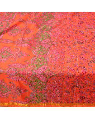Sanskriti Vintage Indian Sarees Art Silk Floral Printed Sari 5Yd Craft Fabric, PR-55377-Orange-Printed Floral Design-Art Silk-3