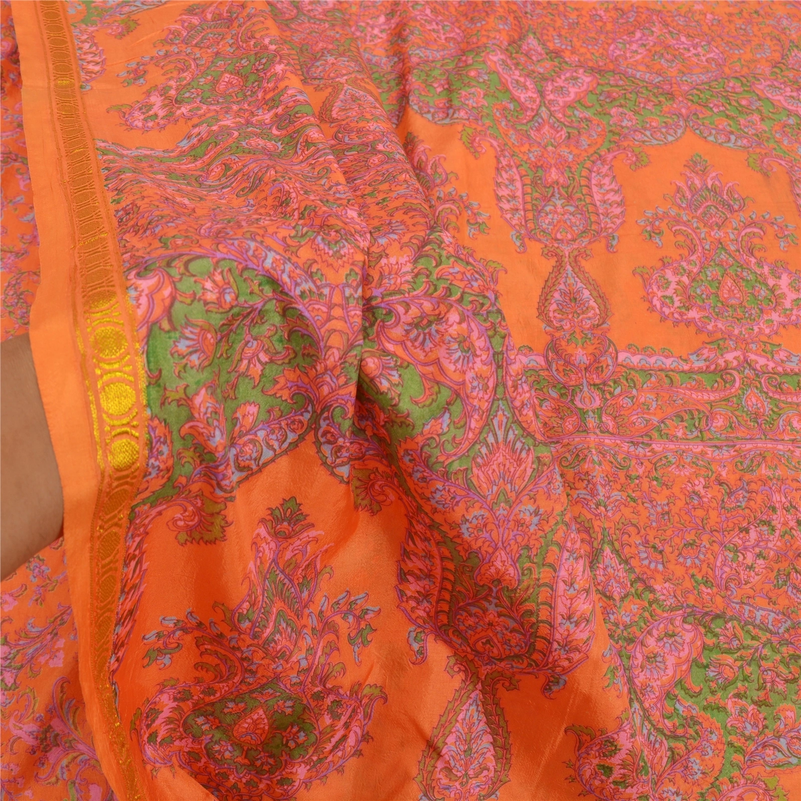 Sanskriti Vintage Indian Sarees Art Silk Floral Printed Sari 5Yd Craft Fabric, PR-55377-Orange-Printed Floral Design-Art Silk-5