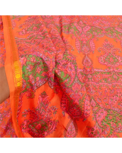 Sanskriti Vintage Indian Sarees Art Silk Floral Printed Sari 5Yd Craft Fabric, PR-55377-Orange-Printed Floral Design-Art Silk-5