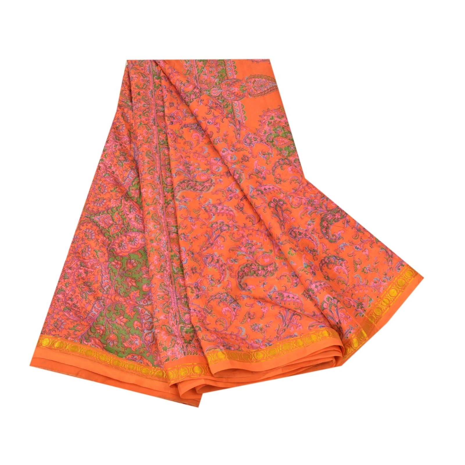 Sanskriti Vintage Indian Sarees Art Silk Floral Printed Sari 5Yd Craft Fabric, PR-55377-Orange-Printed Floral Design-Art Silk-6