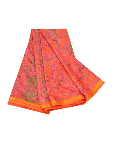 Sanskriti Vintage Indian Sarees Art Silk Floral Printed Sari 5Yd Craft Fabric, PR-55377-Orange-Printed Floral Design-Art Silk-6
