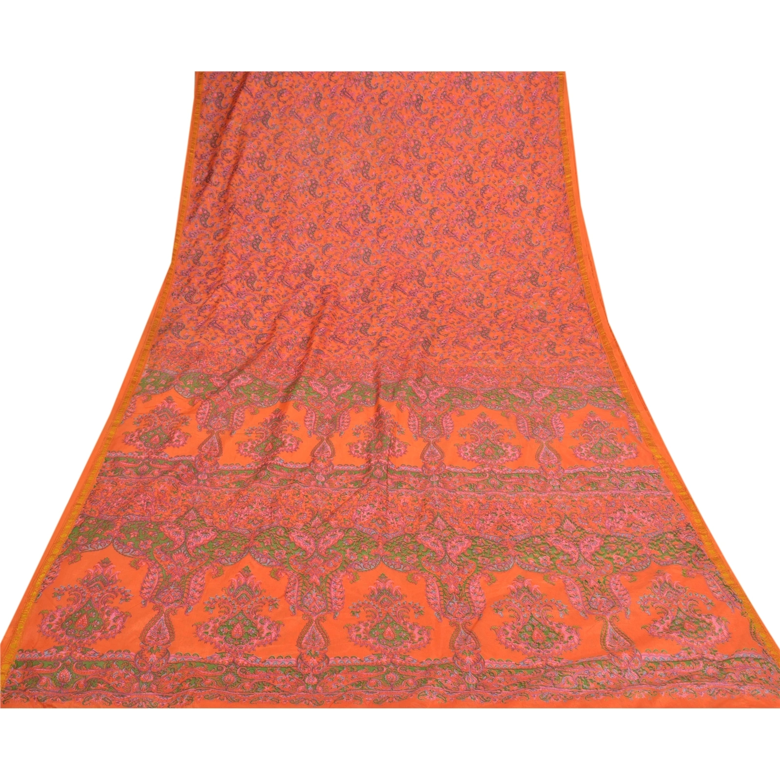 Sanskriti Vintage Indian Sarees Art Silk Floral Printed Sari 5Yd Craft Fabric, PR-55377-Orange-Printed Floral Design-Art Silk-7