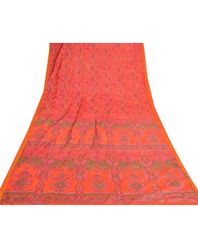 Sanskriti Vintage Indian Sarees Art Silk Floral Printed Sari 5Yd Craft Fabric, PR-55377-Orange-Printed Floral Design-Art Silk-7