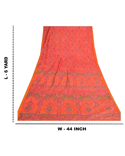 Sanskriti Vintage Indian Sarees Art Silk Floral Printed Sari 5Yd Craft Fabric, PR-55377-Orange-Printed Floral Design-Art Silk-8