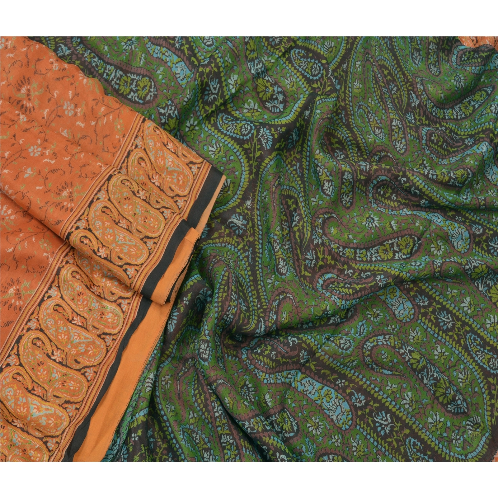 Sanskriti Vintage Orange Sarees 100% Pure Silk Printed Sari Craft Soft Fabric, PR-55616-Orange &amp; Green-Printed Work-100% Pure Silk-2