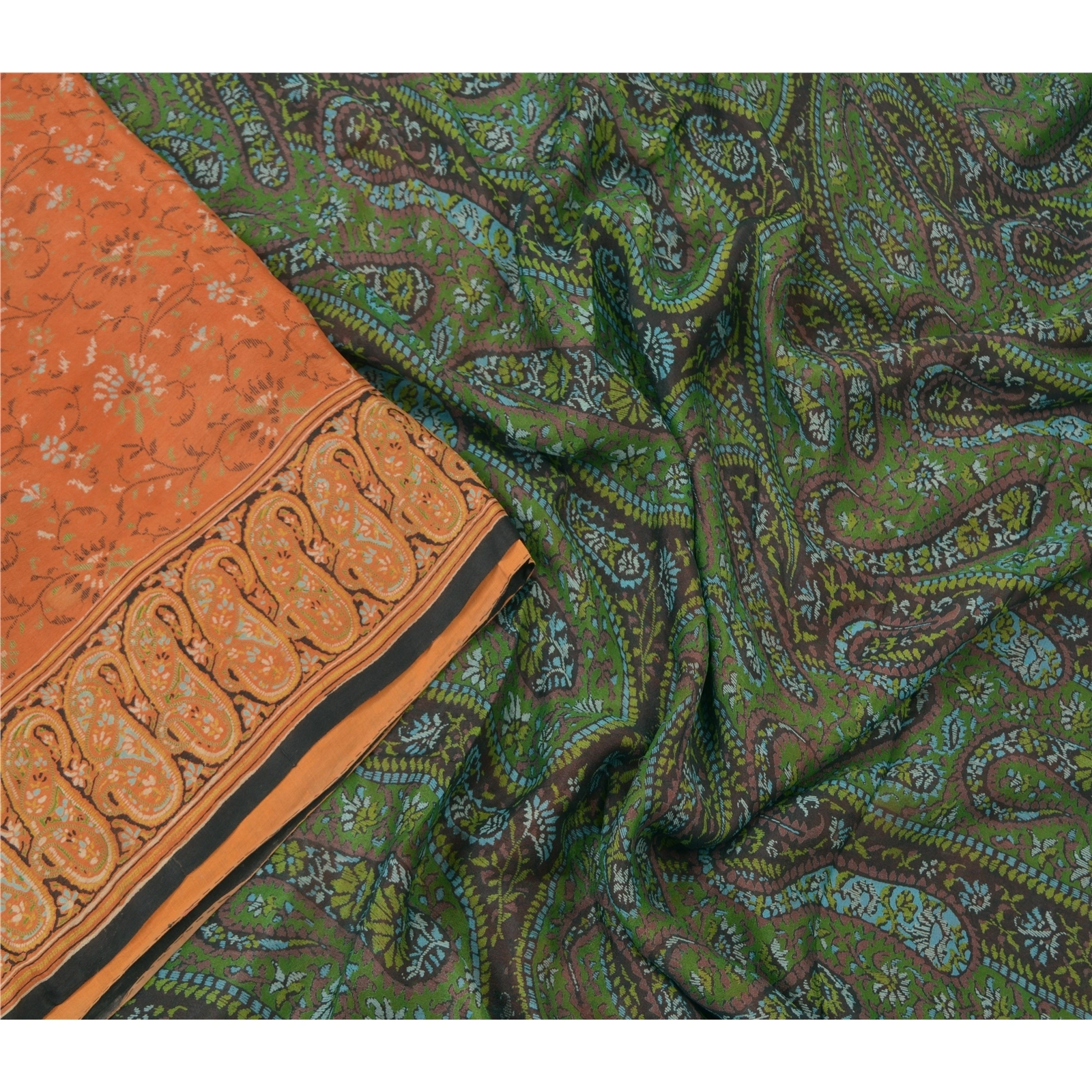 Sanskriti Vintage Orange Sarees 100% Pure Silk Printed Sari Craft Soft Fabric, PR-55616-Orange &amp; Green-Printed Work-100% Pure Silk-3