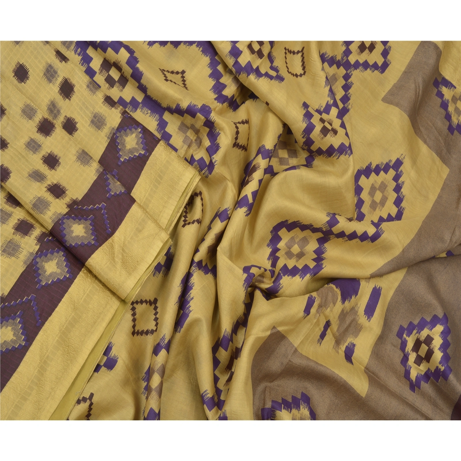 Sanskriti Vintage Indian Sarees 100% Pure Silk Printed Sari Craft 5 Yard Fabric, PR-55627-Light Yellow-Printed Work-100% Pure Silk-1