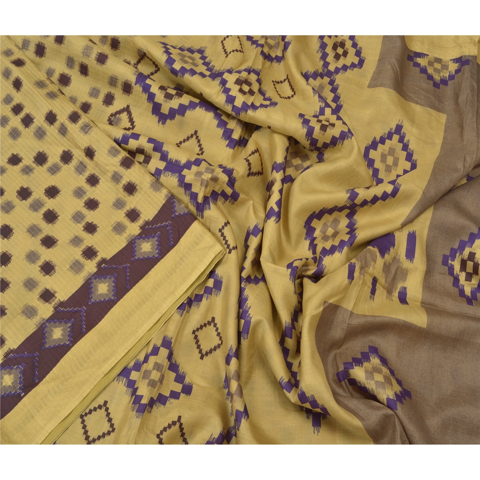 Sanskriti Vintage Indian Sarees 100% Pure Silk Printed Sari Craft 5 Yard Fabric, PR-55627-Light Yellow-Printed Work-100% Pure Silk-2