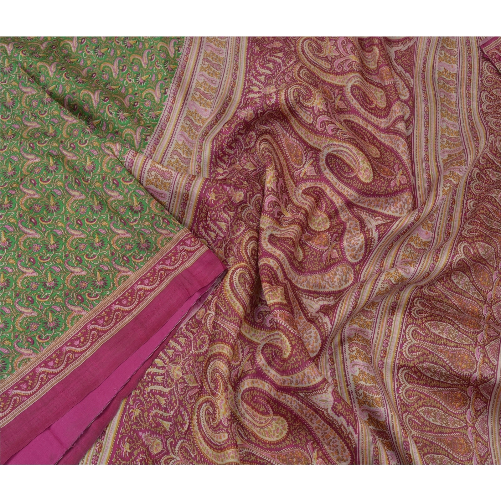 Sanskriti Vintage Green Indian Sarees 100% Pure Silk Printed Sari Craft Fabric, PR-55700-Green &amp; Pink-Printed Work-100% Pure Silk-2