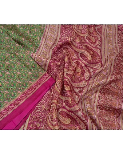 Sanskriti Vintage Green Indian Sarees 100% Pure Silk Printed Sari Craft Fabric, PR-55700-Green &amp; Pink-Printed Work-100% Pure Silk-2