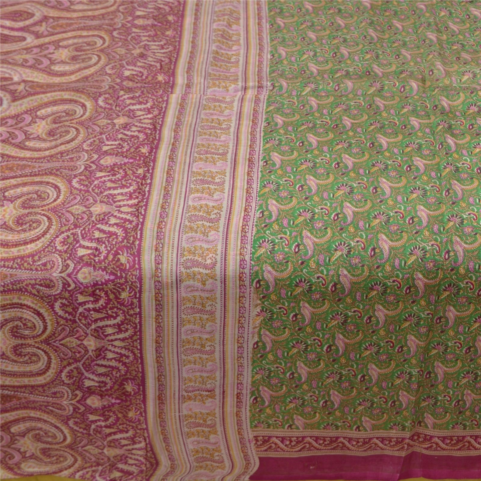 Sanskriti Vintage Green Indian Sarees 100% Pure Silk Printed Sari Craft Fabric, PR-55700-Green &amp; Pink-Printed Work-100% Pure Silk-3