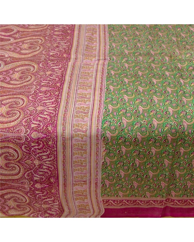 Sanskriti Vintage Green Indian Sarees 100% Pure Silk Printed Sari Craft Fabric, PR-55700-Green &amp; Pink-Printed Work-100% Pure Silk-3