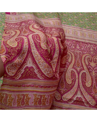 Sanskriti Vintage Green Indian Sarees 100% Pure Silk Printed Sari Craft Fabric, PR-55700-Green &amp; Pink-Printed Work-100% Pure Silk-5