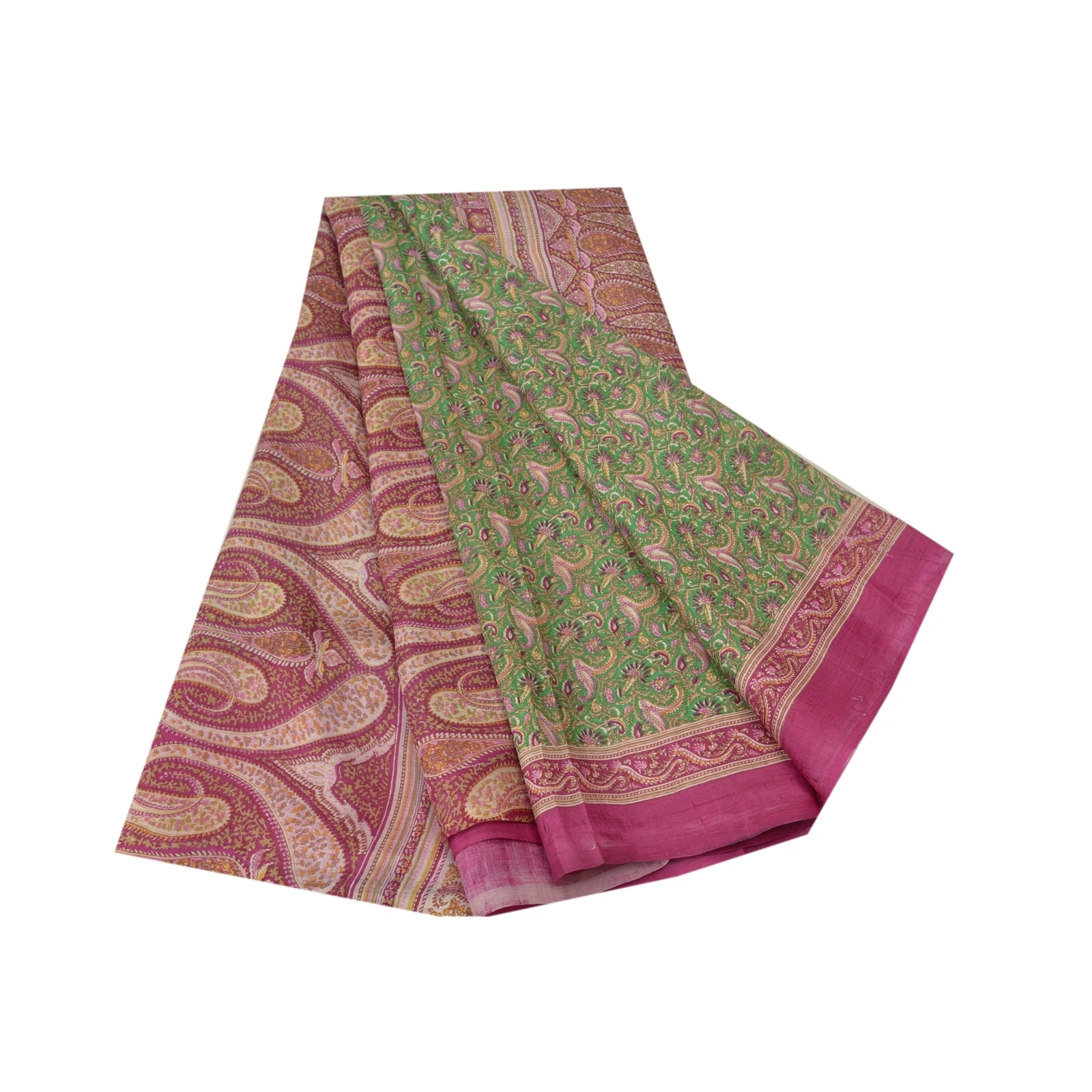 Sanskriti Vintage Green Indian Sarees 100% Pure Silk Printed Sari Craft Fabric, PR-55700-Green &amp; Pink-Printed Work-100% Pure Silk-6