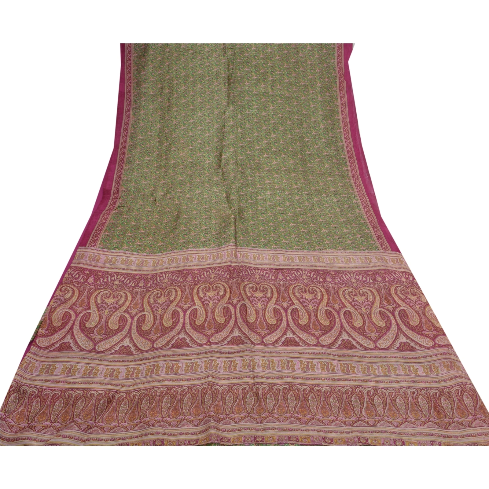 Sanskriti Vintage Green Indian Sarees 100% Pure Silk Printed Sari Craft Fabric, PR-55700-Green &amp; Pink-Printed Work-100% Pure Silk-7