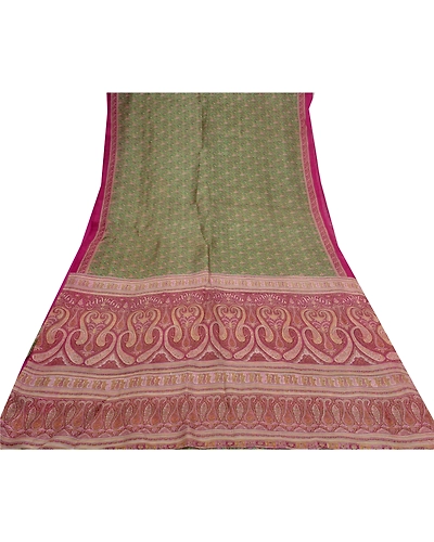 Sanskriti Vintage Green Indian Sarees 100% Pure Silk Printed Sari Craft Fabric, PR-55700-Green &amp; Pink-Printed Work-100% Pure Silk-7