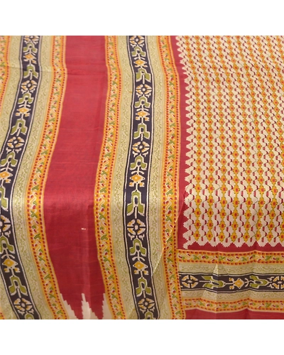 Sanskriti Vintage Cream Sarees 100% Pure Silk Floral Printed Sari Craft Fabric, PR-55738-Cream &amp; Red-Printed Work-100% Pure Silk-4