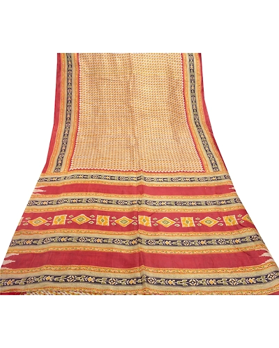 Sanskriti Vintage Cream Sarees 100% Pure Silk Floral Printed Sari Craft Fabric, PR-55738-Cream &amp; Red-Printed Work-100% Pure Silk-8