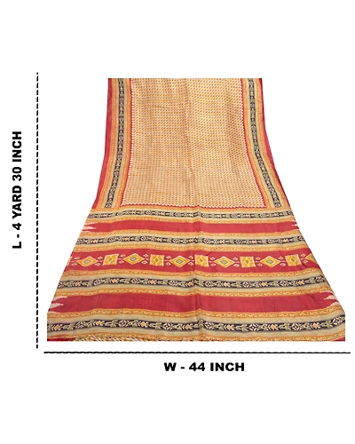 Sanskriti Vintage Cream Sarees 100% Pure Silk Floral Printed Sari Craft Fabric, PR-55738-Cream &amp; Red-Printed Work-100% Pure Silk-9