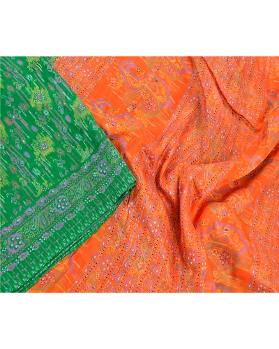 Sanskriti Vintage Green &amp; Orange Sarees Pure Silk Printed Sari Soft Craft Fabric, PR-55810-Green &amp; Orange-Printed Floral Design-Pure Silk-3