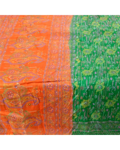 Sanskriti Vintage Green &amp; Orange Sarees Pure Silk Printed Sari Soft Craft Fabric, PR-55810-Green &amp; Orange-Printed Floral Design-Pure Silk-4