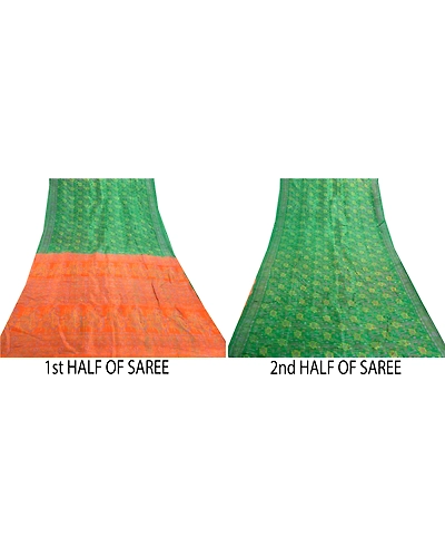 Sanskriti Vintage Green &amp; Orange Sarees Pure Silk Printed Sari Soft Craft Fabric, PR-55810-Green &amp; Orange-Printed Floral Design-Pure Silk-5