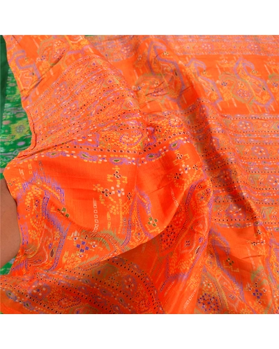 Sanskriti Vintage Green &amp; Orange Sarees Pure Silk Printed Sari Soft Craft Fabric, PR-55810-Green &amp; Orange-Printed Floral Design-Pure Silk-6