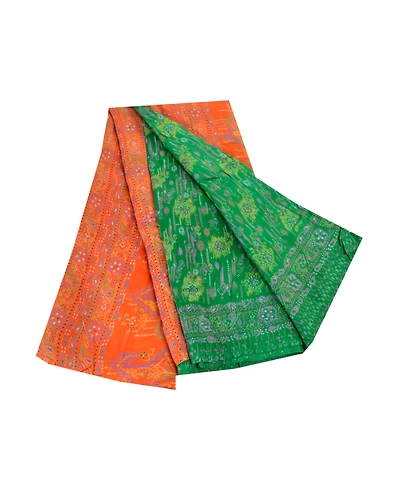Sanskriti Vintage Green &amp; Orange Sarees Pure Silk Printed Sari Soft Craft Fabric, PR-55810-Green &amp; Orange-Printed Floral Design-Pure Silk-7