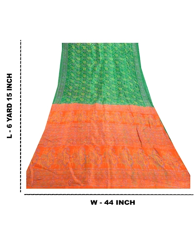 Sanskriti Vintage Green &amp; Orange Sarees Pure Silk Printed Sari Soft Craft Fabric, PR-55810-Green &amp; Orange-Printed Floral Design-Pure Silk-9
