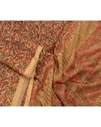Sanskriti Vintage Beige Sarees 100% Pure Silk Printed Fabric Craft 5 Yard Sari, PR-55835-Beige-Pure Silk-1