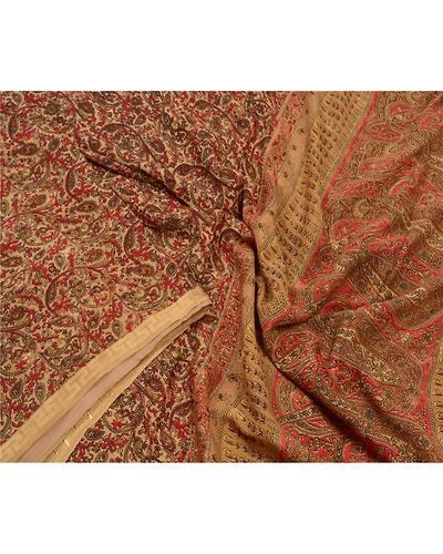 Sanskriti Vintage Beige Sarees 100% Pure Silk Printed Fabric Craft 5 Yard Sari, PR-55835-Beige-Pure Silk-2