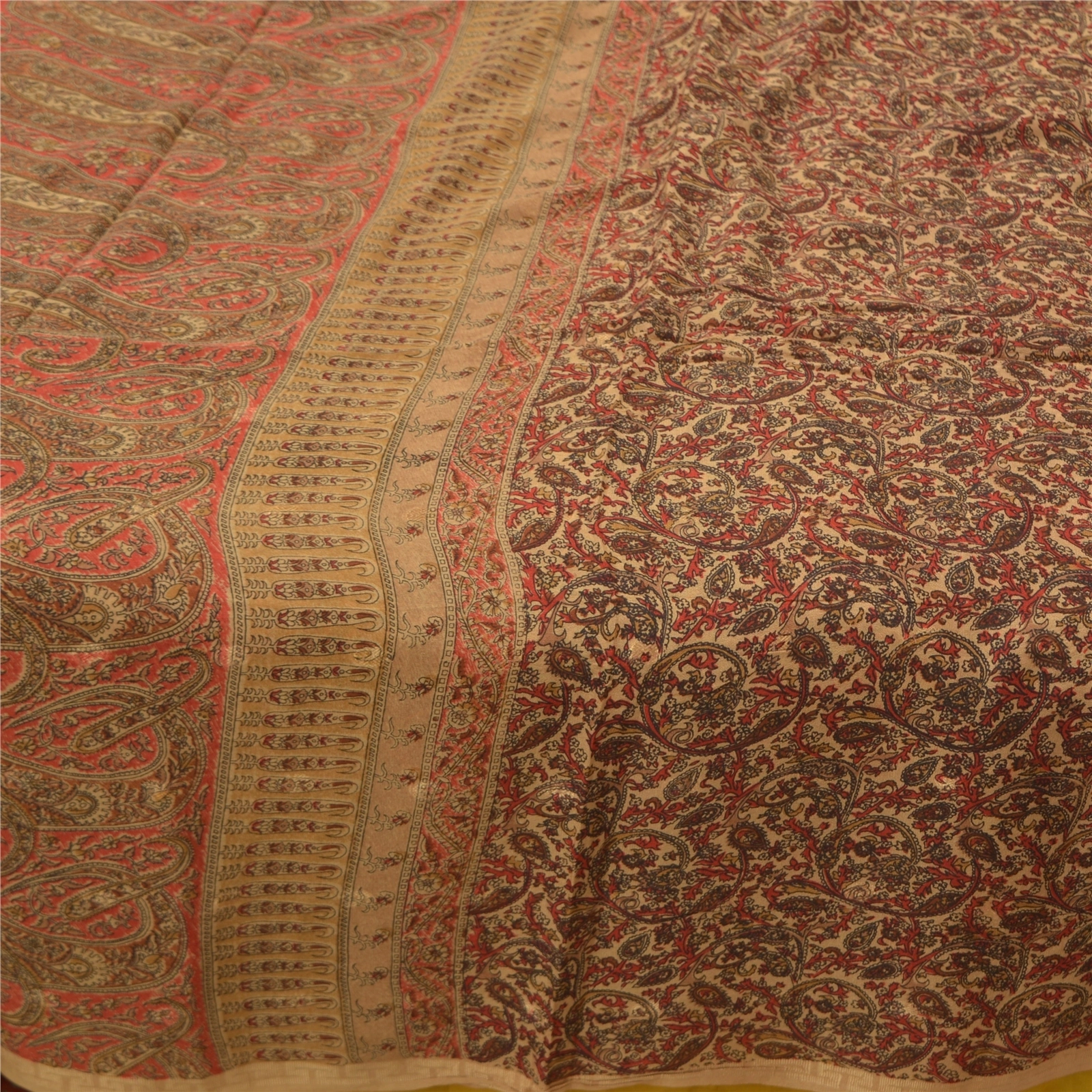 Sanskriti Vintage Beige Sarees 100% Pure Silk Printed Fabric Craft 5 Yard Sari, PR-55835-Beige-Pure Silk-3