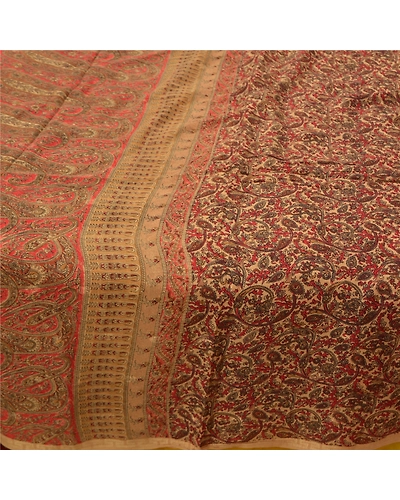 Sanskriti Vintage Beige Sarees 100% Pure Silk Printed Fabric Craft 5 Yard Sari, PR-55835-Beige-Pure Silk-3