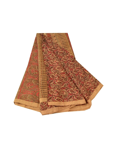 Sanskriti Vintage Beige Sarees 100% Pure Silk Printed Fabric Craft 5 Yard Sari, PR-55835-Beige-Pure Silk-6