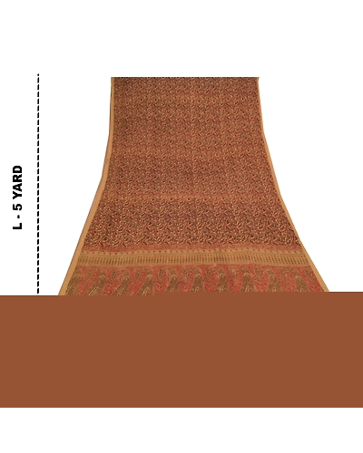 Sanskriti Vintage Beige Sarees 100% Pure Silk Printed Fabric Craft 5 Yard Sari, PR-55835-Beige-Pure Silk-8