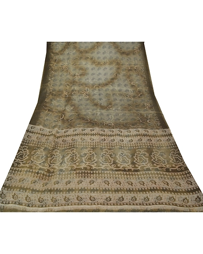 Sanskriti Vintage Indian Green Sarees Art Silk Printed Sari 5 Yd Craft Fabric, PR-55922-Green-Printed Floral Design-Art Silk-8