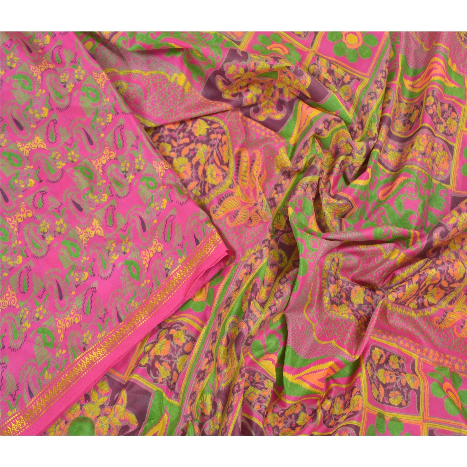 Sanskriti Vintage Pink Sarees Art Silk Printed Zari Woven Sari 5Yd Craft Fabric, PR-55935-Pink-Printed Floral Design-Art Silk-3