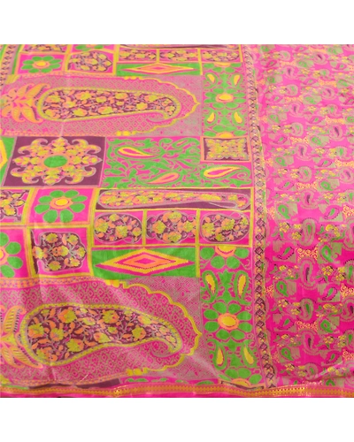 Sanskriti Vintage Pink Sarees Art Silk Printed Zari Woven Sari 5Yd Craft Fabric, PR-55935-Pink-Printed Floral Design-Art Silk-4