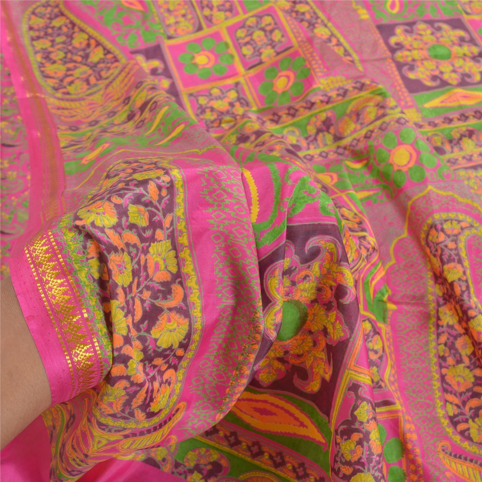 Sanskriti Vintage Pink Sarees Art Silk Printed Zari Woven Sari 5Yd Craft Fabric, PR-55935-Pink-Printed Floral Design-Art Silk-6