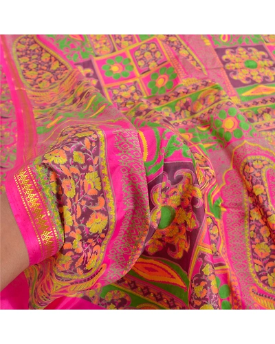 Sanskriti Vintage Pink Sarees Art Silk Printed Zari Woven Sari 5Yd Craft Fabric, PR-55935-Pink-Printed Floral Design-Art Silk-6