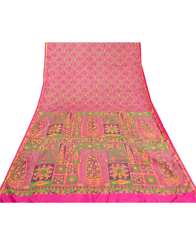 Sanskriti Vintage Pink Sarees Art Silk Printed Zari Woven Sari 5Yd Craft Fabric, PR-55935-Pink-Printed Floral Design-Art Silk-8
