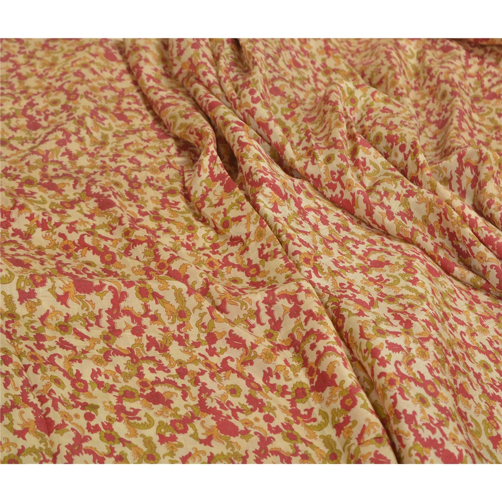 Sanskriti Vintage Red Sarees 100% Pure Silk Floral Printed Sari 5Yd Craft Fabric, PR-55942-Red-Printed Floral Design-Pure Silk-1