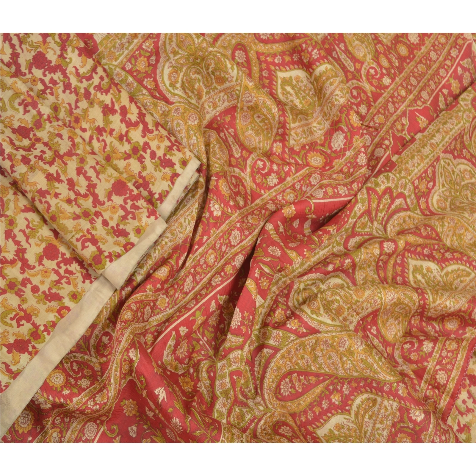 Sanskriti Vintage Red Sarees 100% Pure Silk Floral Printed Sari 5Yd Craft Fabric, PR-55942-Red-Printed Floral Design-Pure Silk-2