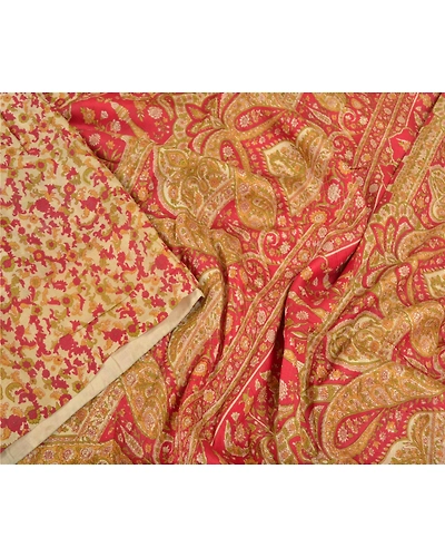 Sanskriti Vintage Red Sarees 100% Pure Silk Floral Printed Sari 5Yd Craft Fabric, PR-55942-Red-Printed Floral Design-Pure Silk-3