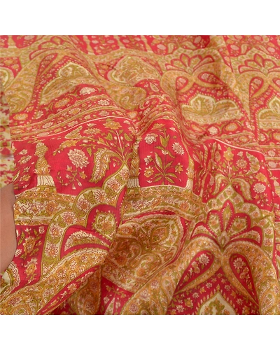 Sanskriti Vintage Red Sarees 100% Pure Silk Floral Printed Sari 5Yd Craft Fabric, PR-55942-Red-Printed Floral Design-Pure Silk-6